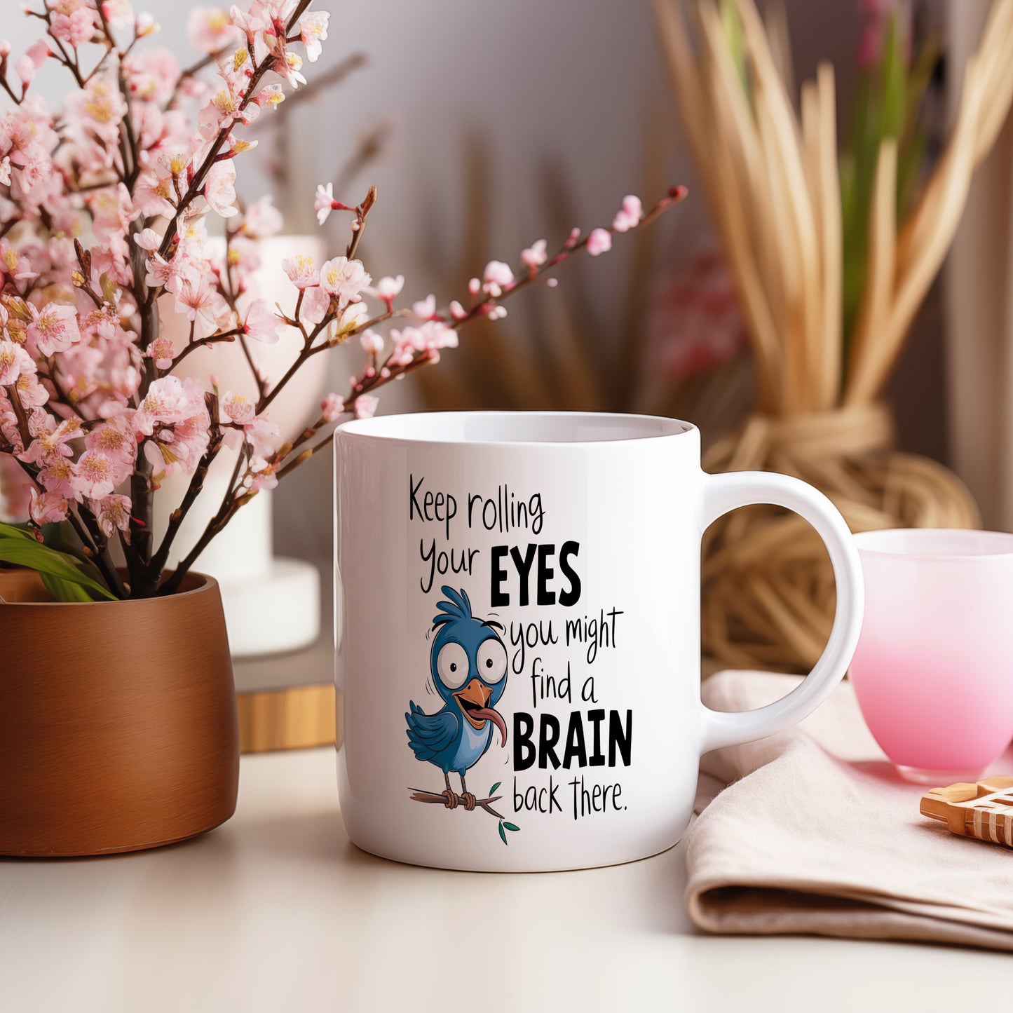 Hrnek s vtipným nápisem – Keep rolling your EYES