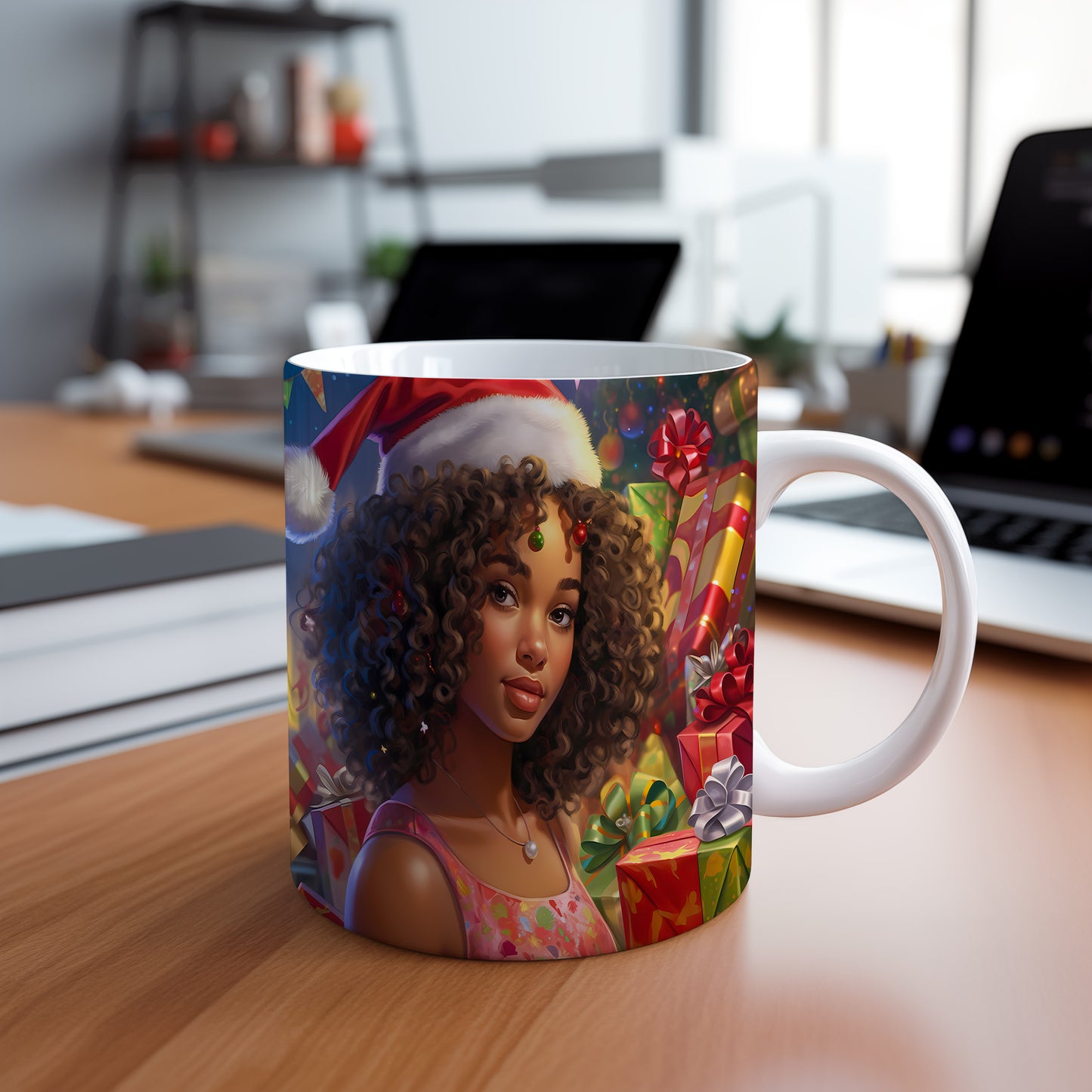 Vánoční hrnek s dívkou a dárky