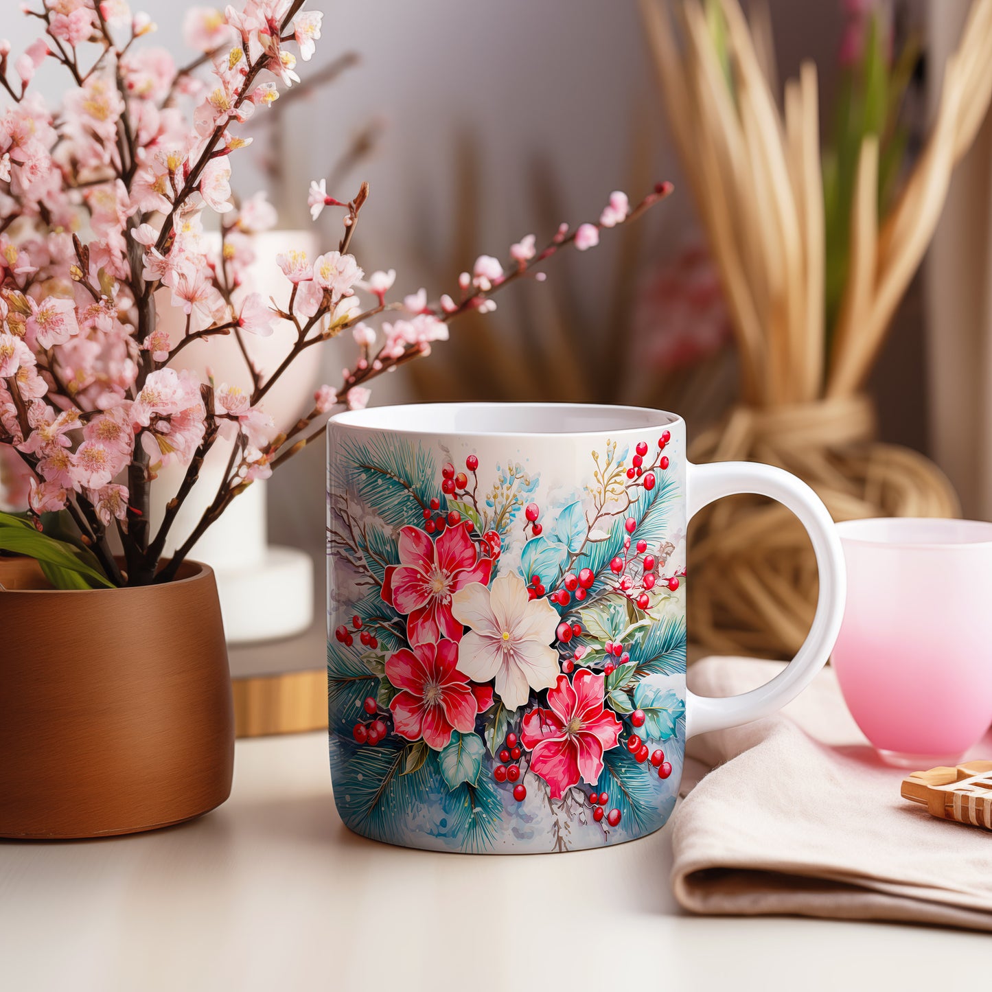 Vánoční hrnek s květinami – originální design