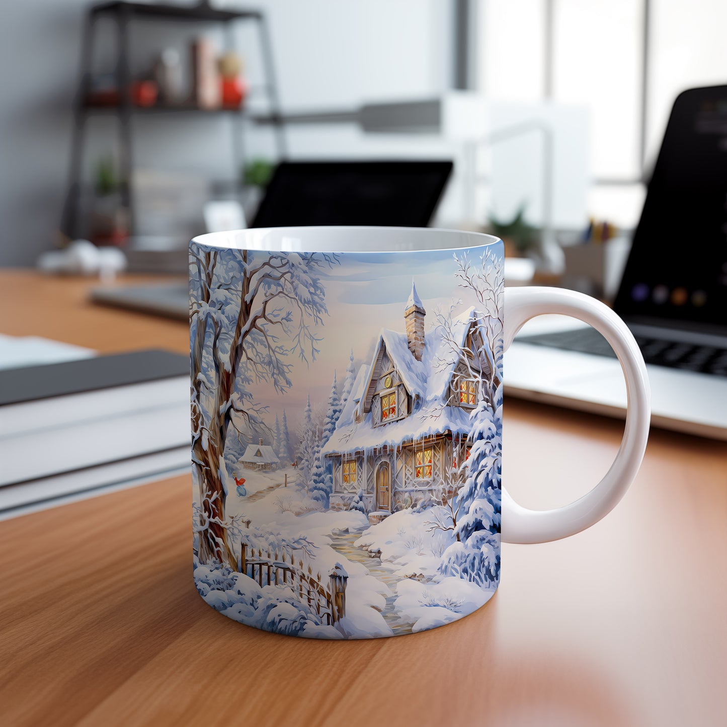 Vánoční hrnek se zimní chaloupkou – kouzelný motiv