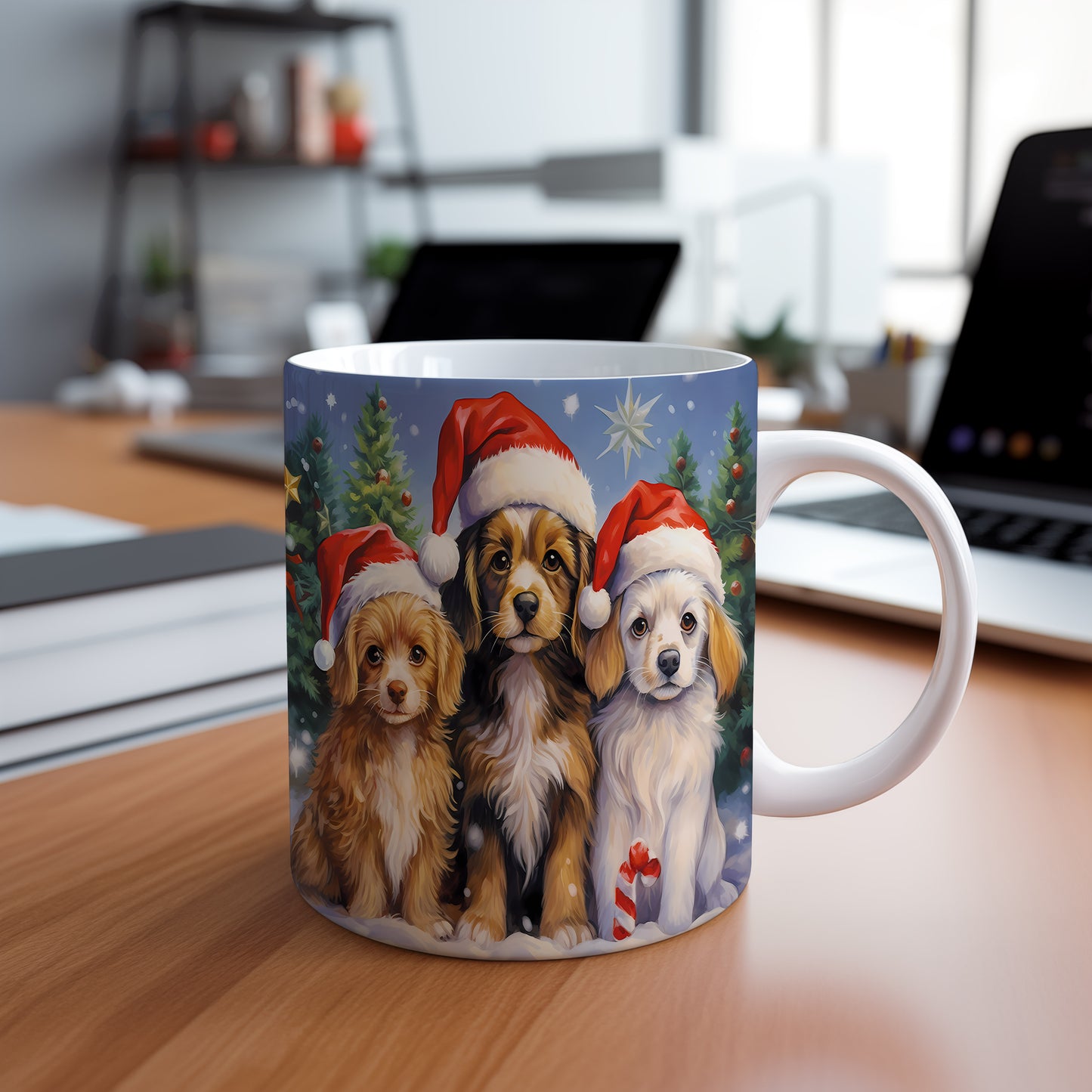 Vánoční hrnek se štěňaty a čepicemi