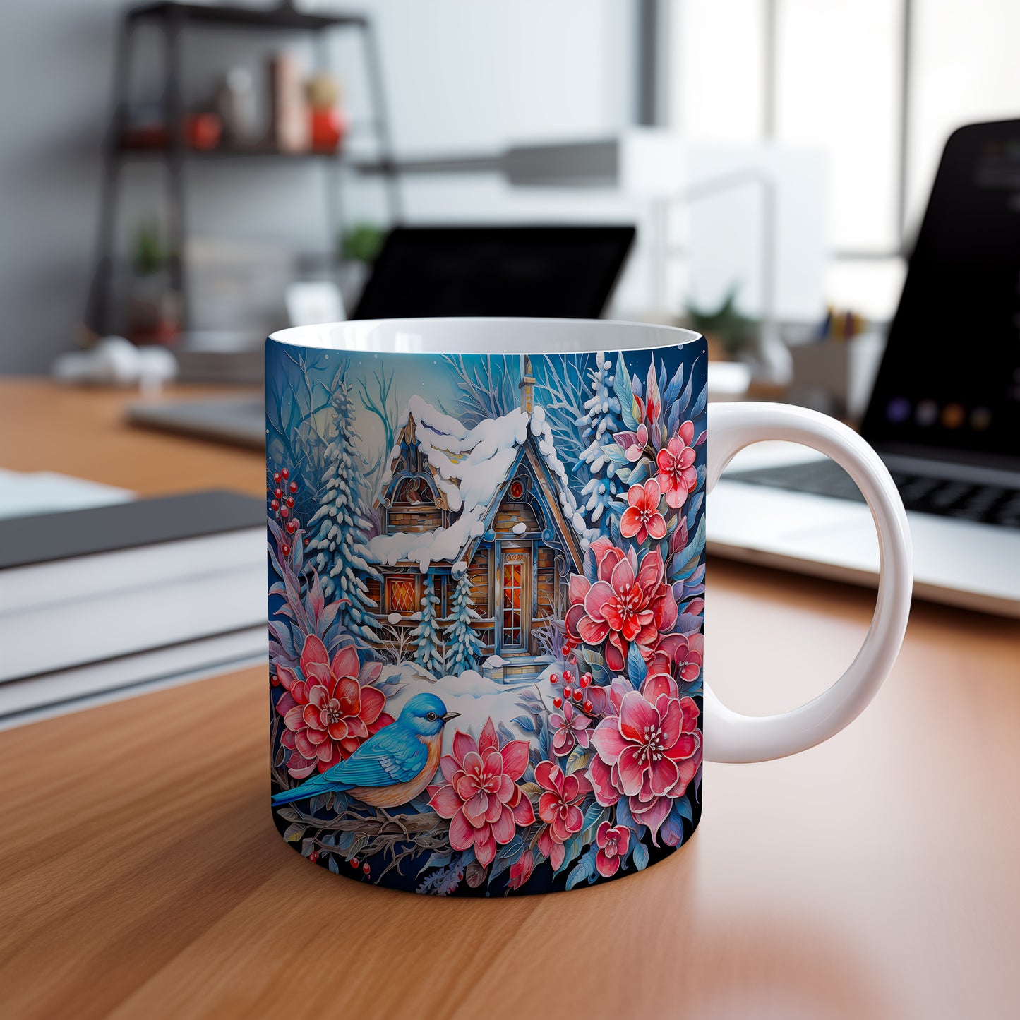 Vánoční hrnek se zimní chaloupkou – snový motiv