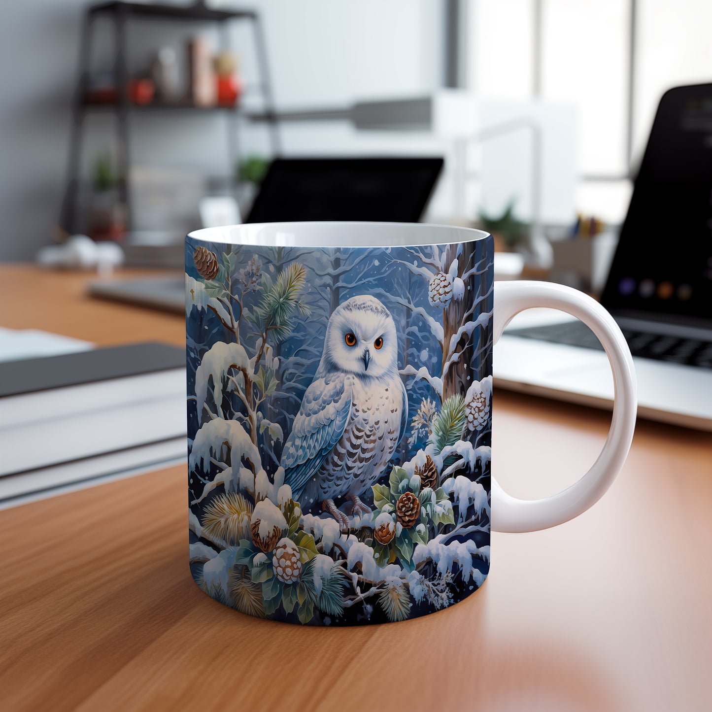 Vánoční hrnek se sovou ve sněhu