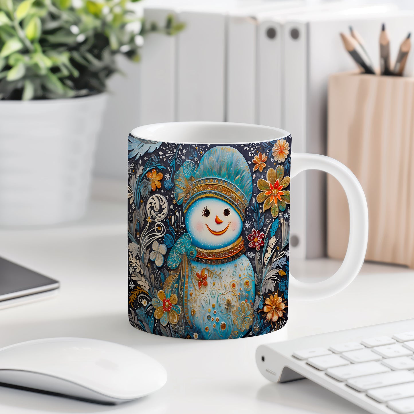Vánoční hrnek se sněhulákem a květinami – originální design