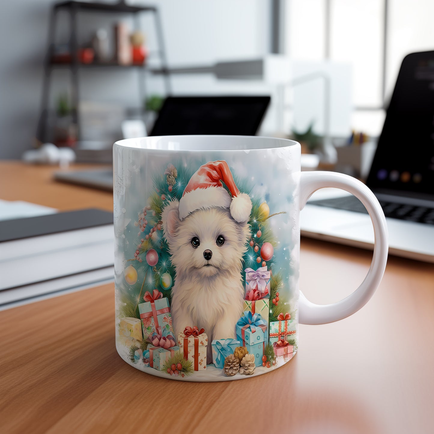 Vánoční hrnek se štěněem a čepicí