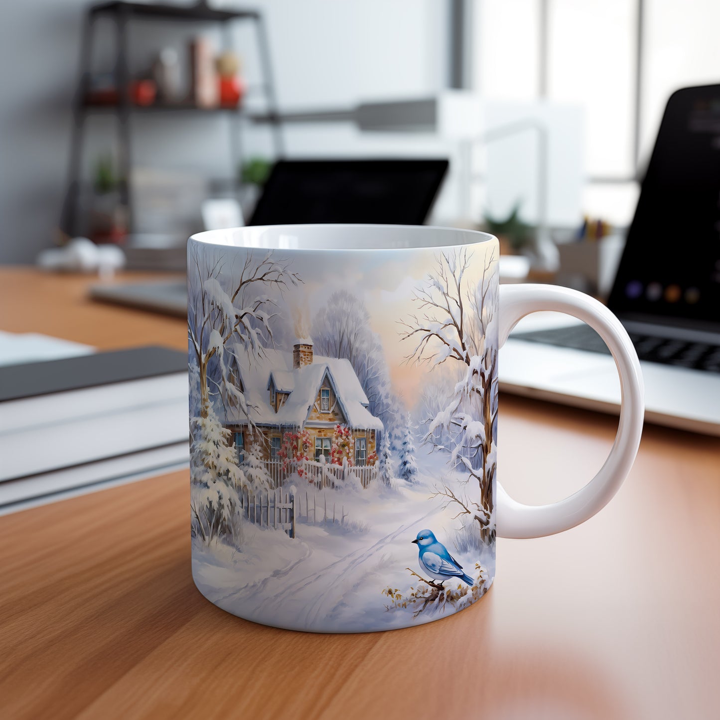 Vánoční hrnek se zimní chaloupkou – ručně ilustrovaný motiv