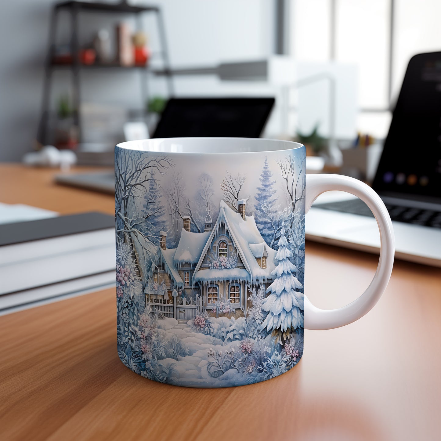 Vánoční hrnek se zimní chaloupkou – elegantní motiv