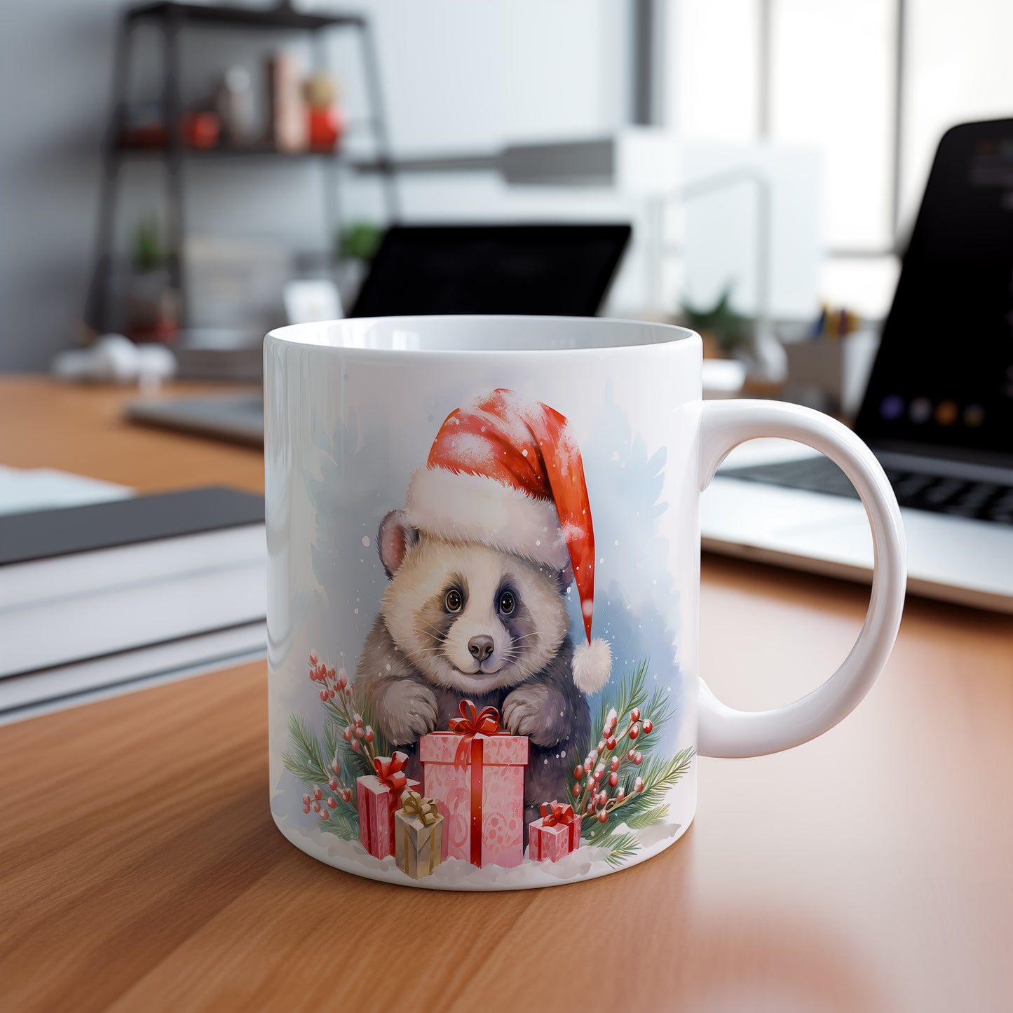 Vánoční hrnek s pandou a dárky – jemná ilustrace