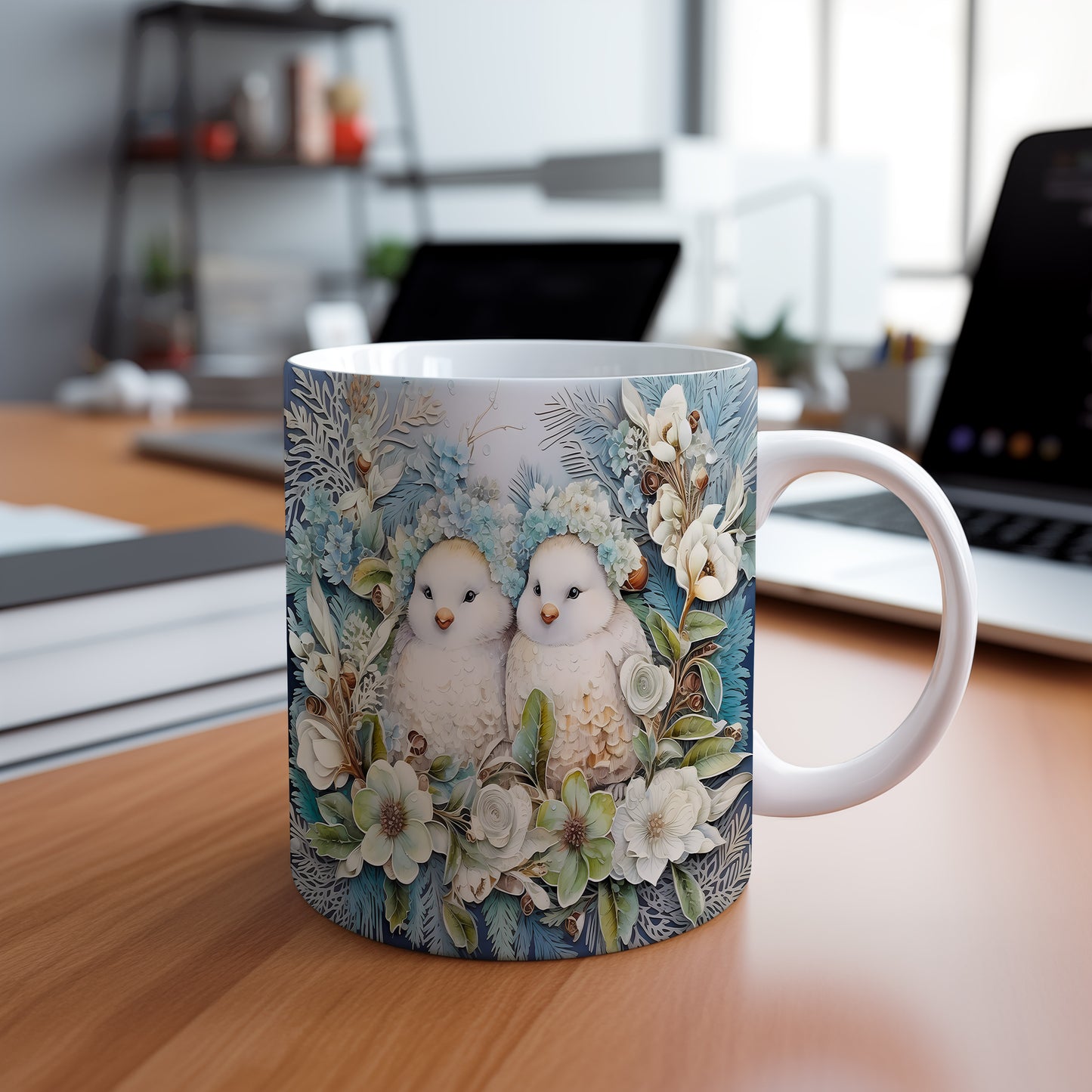 Vánoční hrnek s Ptáčcy a květinami