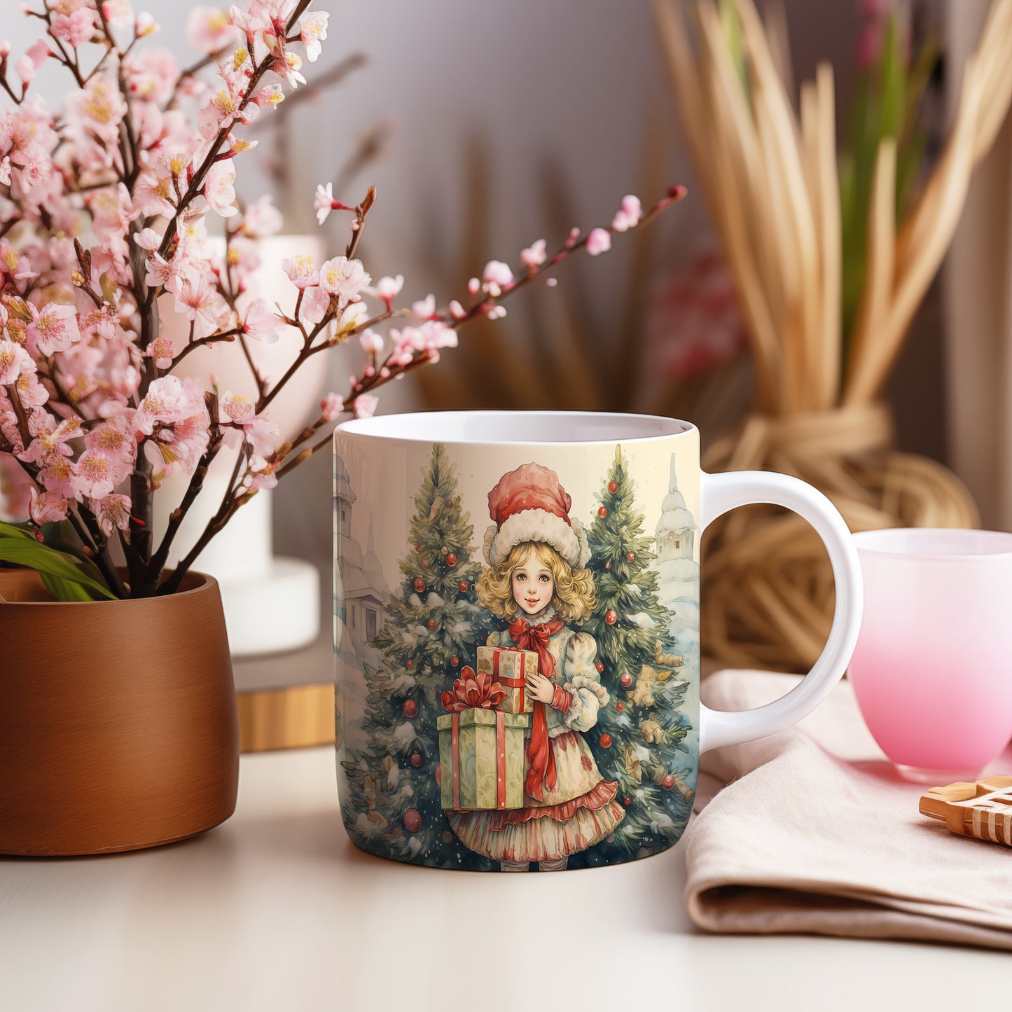 Vánoční hrnek s dívkou a dárky – krásný design