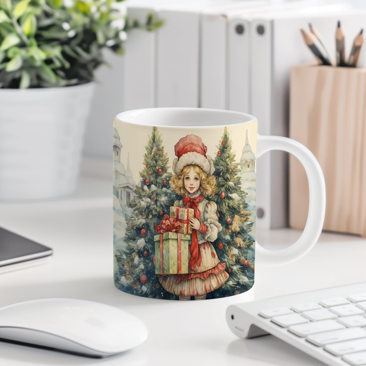 Vánoční hrnek s dívkou a dárky – krásný design