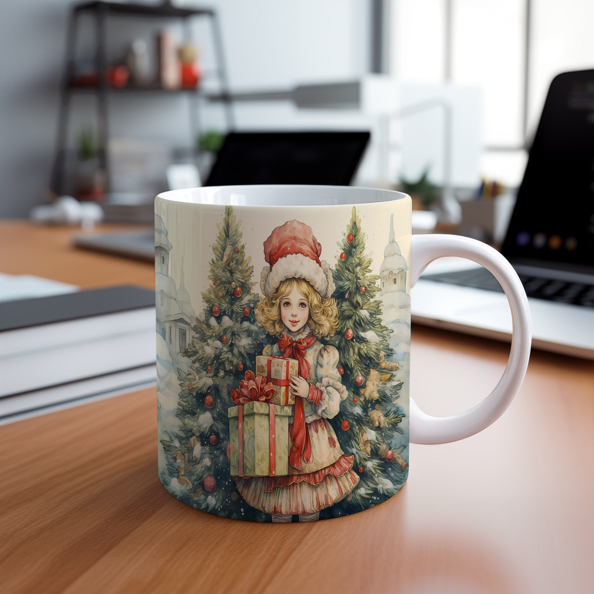 Vánoční hrnek s dívkou a dárky – krásný design