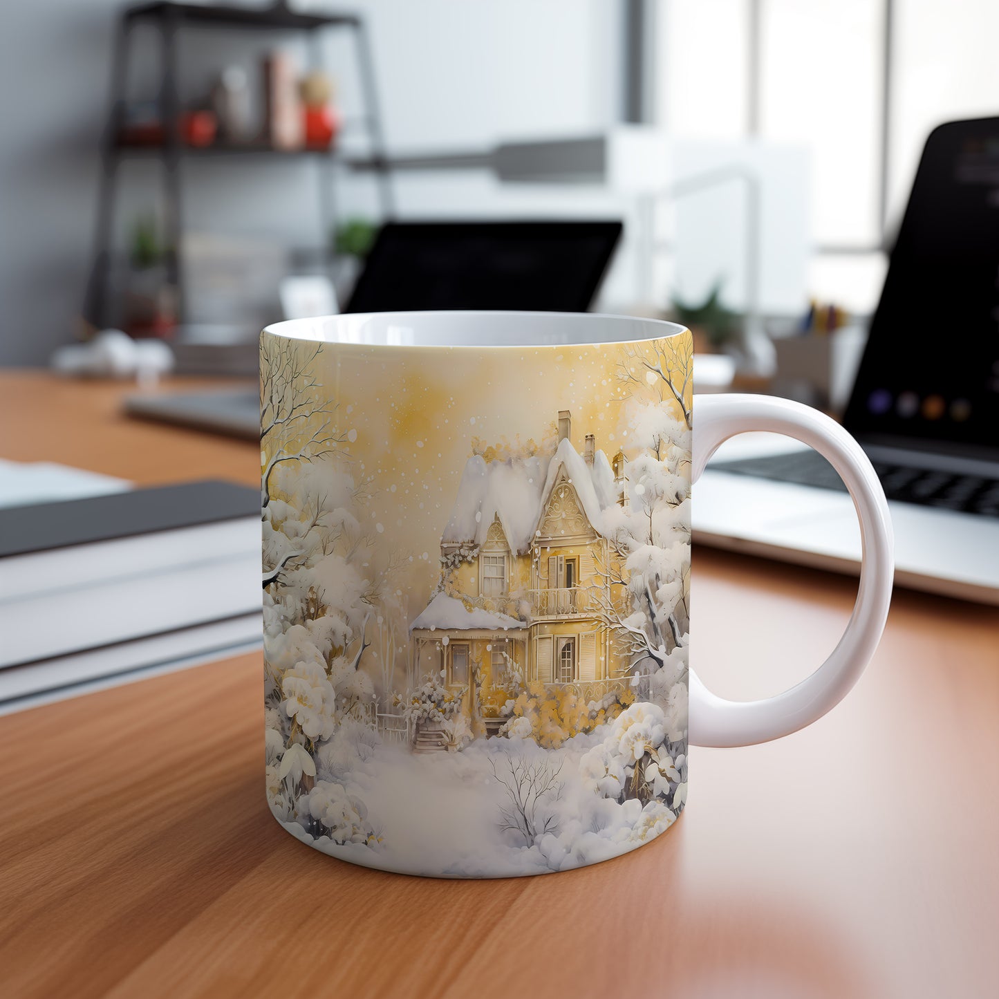 Vánoční hrnek se zimní chalupou – jemná ilustrace