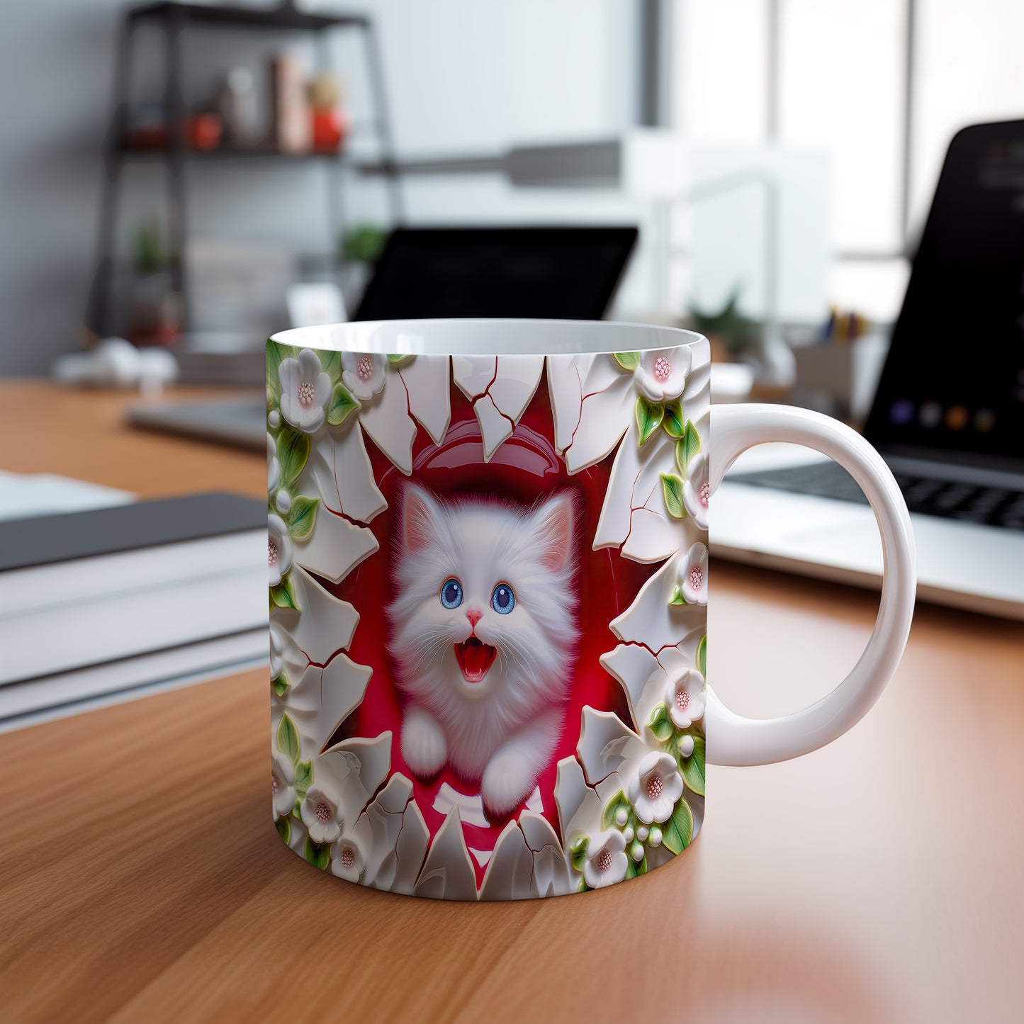 Hrnek s roztomilým bílým kotětem