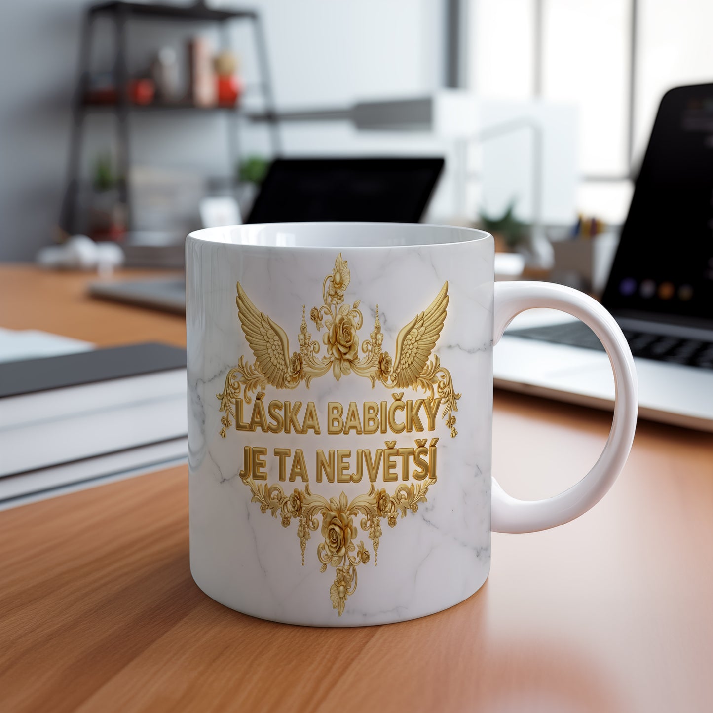 Hrnek s mramorovým pozadím a zlatými květinami.