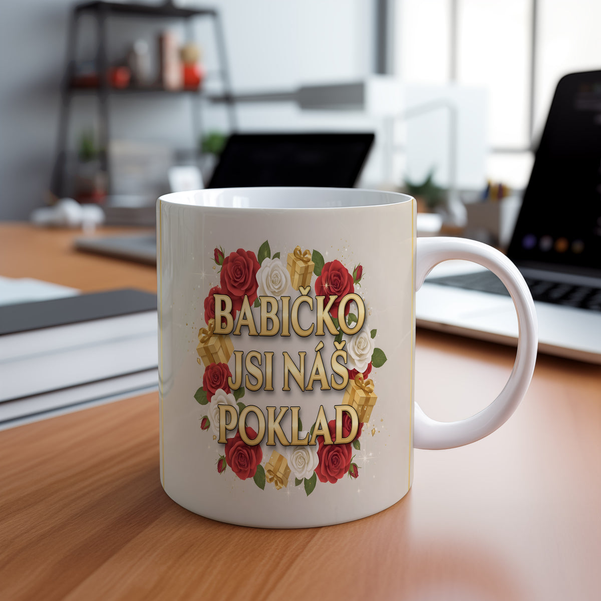 Hrnek s nápisem BABIČKO JSI NÁŠ POKLAD, obklopený růžemi a zlatými dárky.