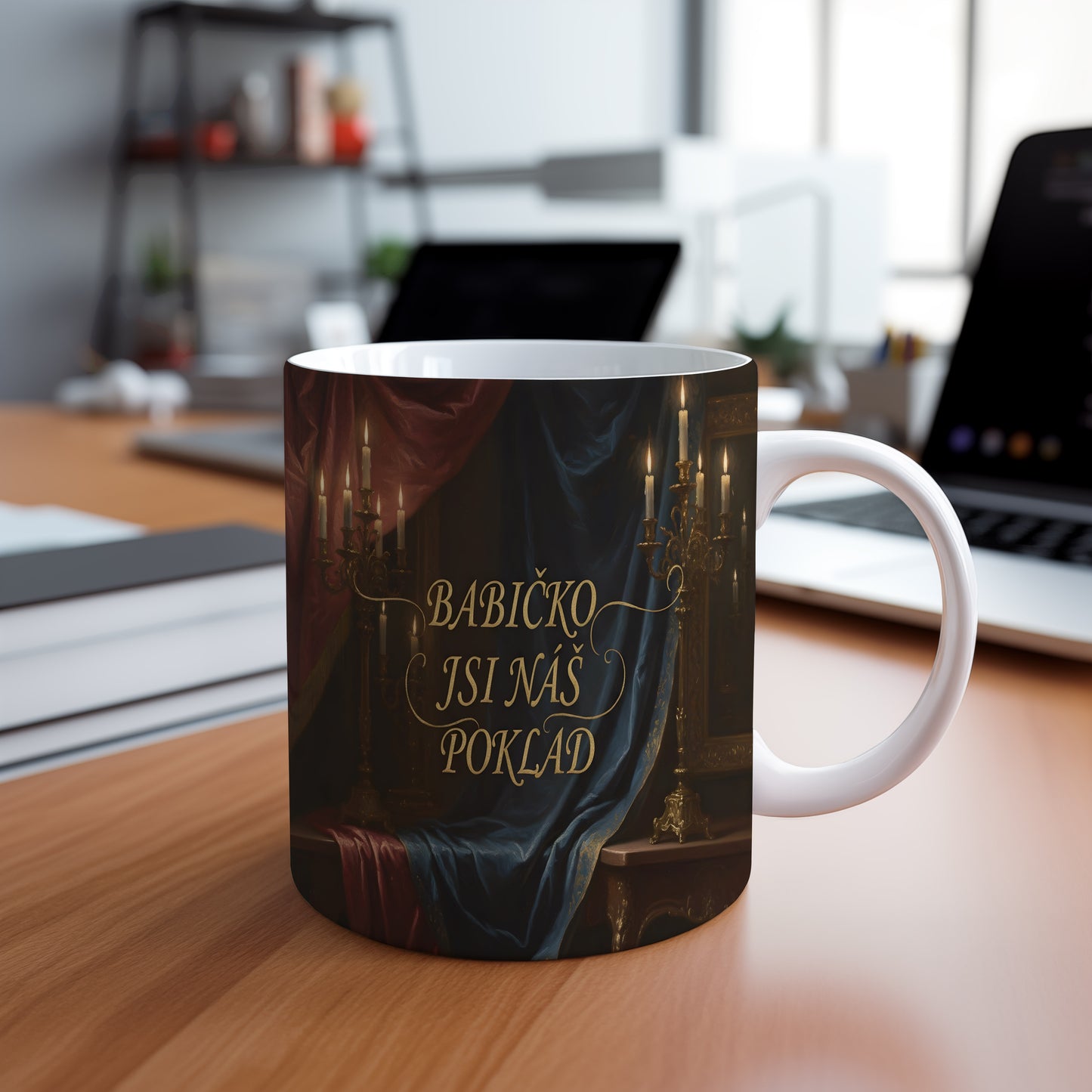 Hrnek s nápisem 'BABIČKO JSI NÁŠ POKLAD' v elegantním vintage stylu.
