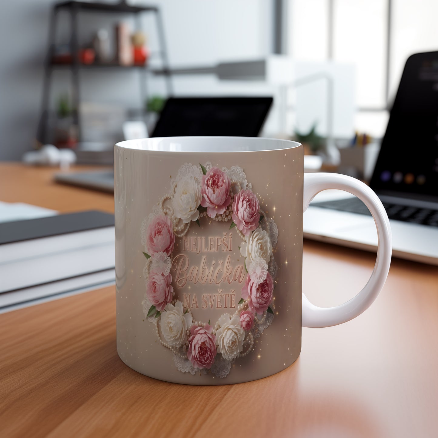 Hrnek s nápisem NEJLEPŠÍ BABIČKA NA SVĚTĚ a květinovým věncem.