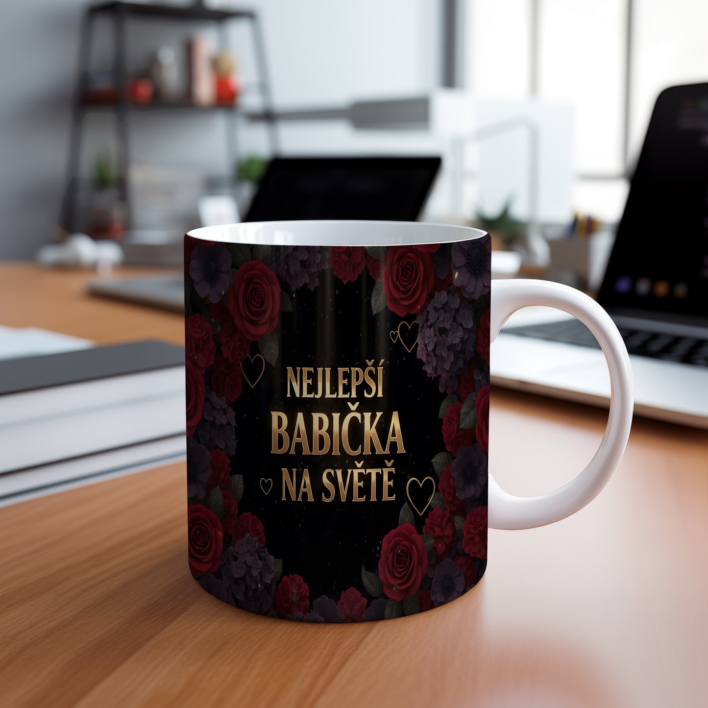 Hrnek s nápisem NEJLEPŠÍ BABIČKA NA SVĚTĚ, zdobený rudými růžemi a zlatými srdci.
