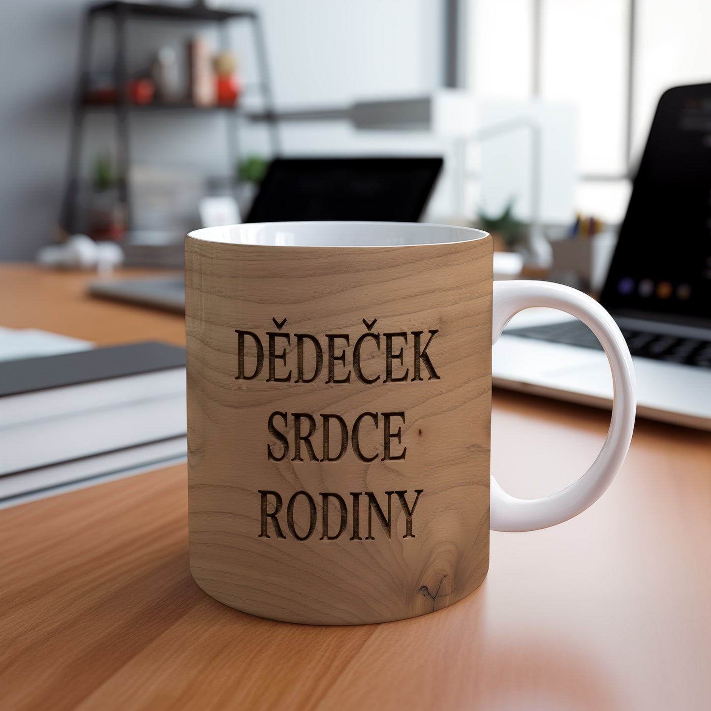 Rustikální hrnek s nápisem 'DĚDEČEK SRDCE RODINY' na dřevěném pozadí.