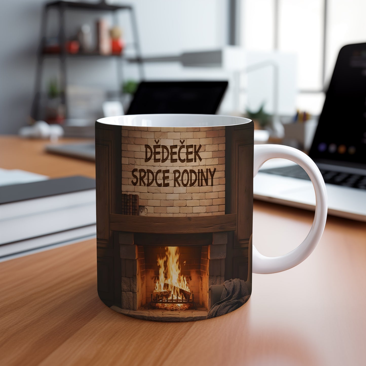 Hrnek s nápisem 'DĚDEČEK SRDCE RODINY' a motivem krbu.