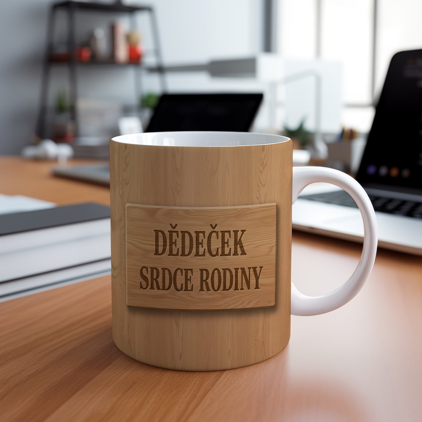 Bílý hrnek s dřevěným vzhledem a nápisem 'DĚDEČEK SRDCE RODINY'.