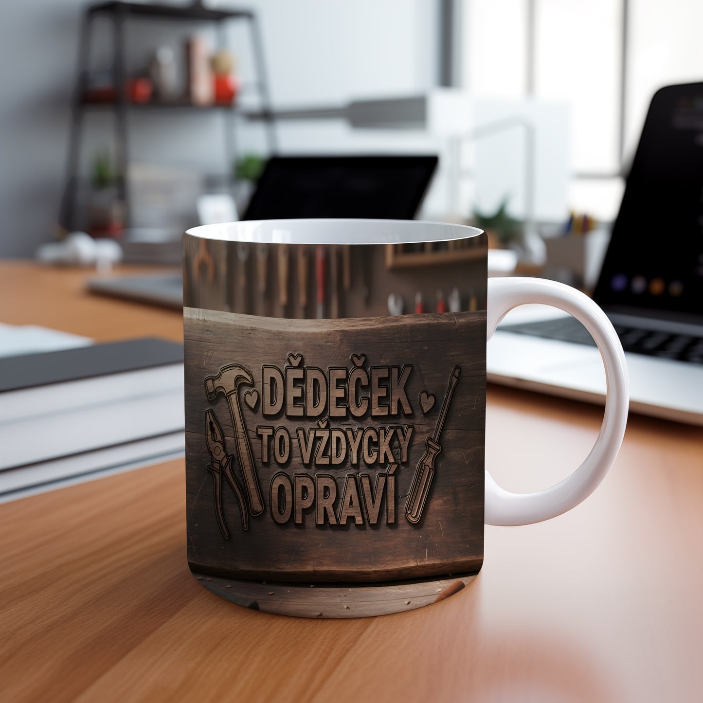 Hrnek s nápisem DĚDEČEK TO VŽDYCKY OPRAVÍ na dřevěném pozadí s nástroji.