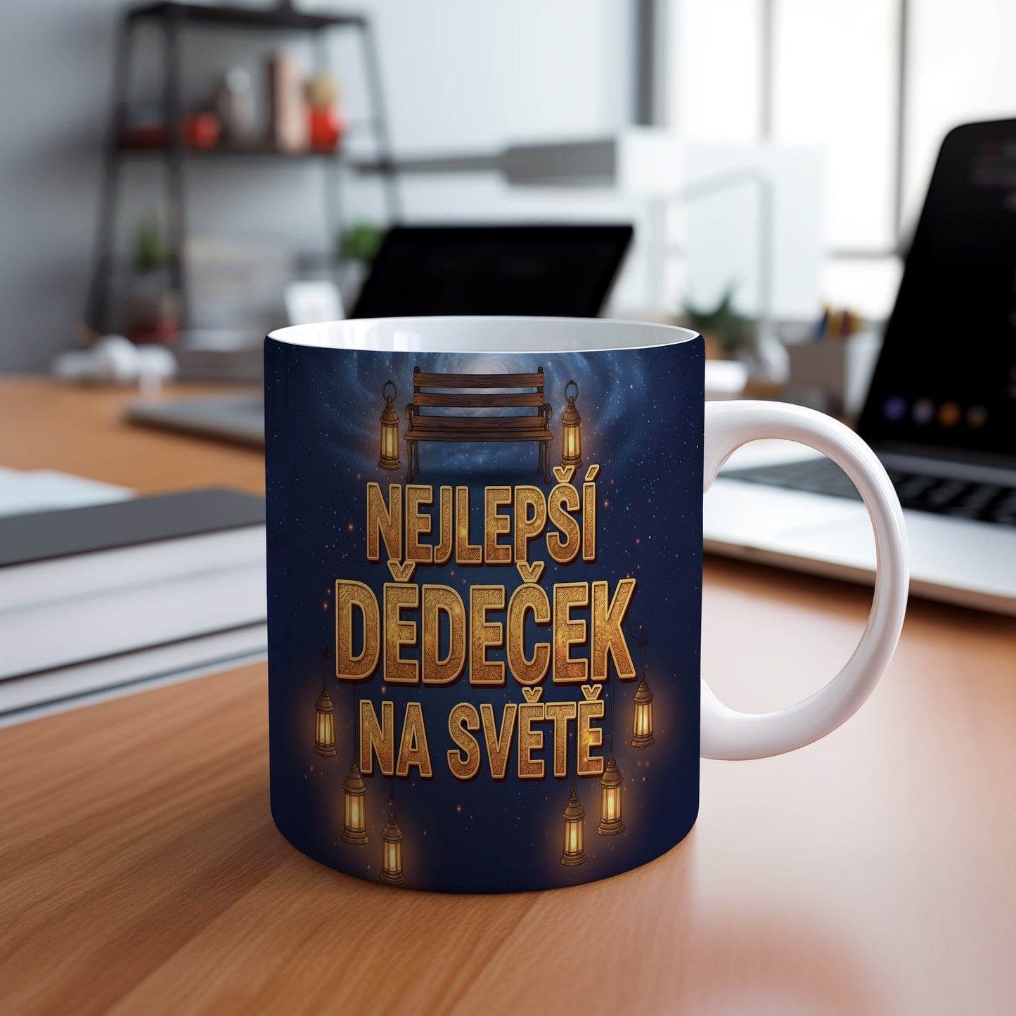 Hrnek s nápisem 'NEJLEPŠÍ DĚDEČEK NA SVĚTĚ' s motivem hvězdné oblohy a lampionů.