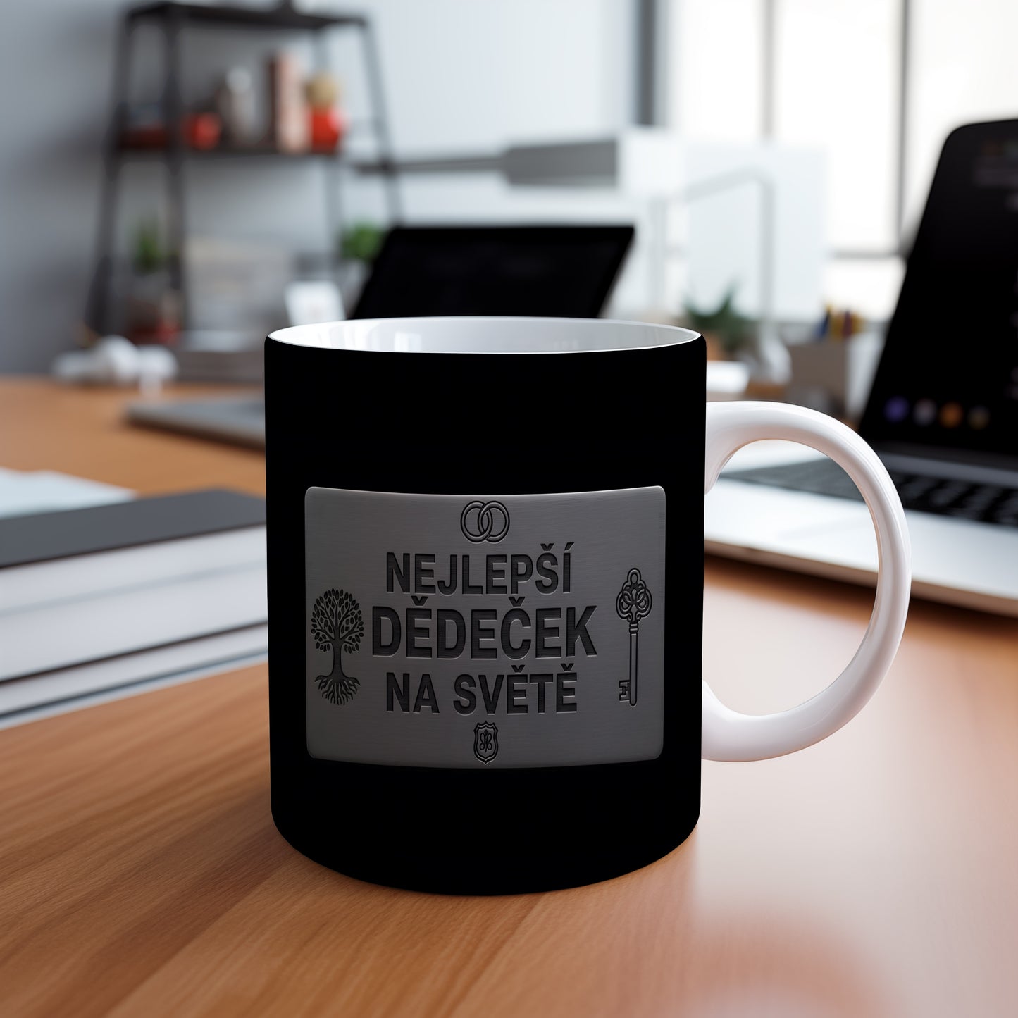 Černý hrnek s kovovým vzhledem a nápisem 'NEJLEPŠÍ DĚDEČEK NA SVĚTĚ'.