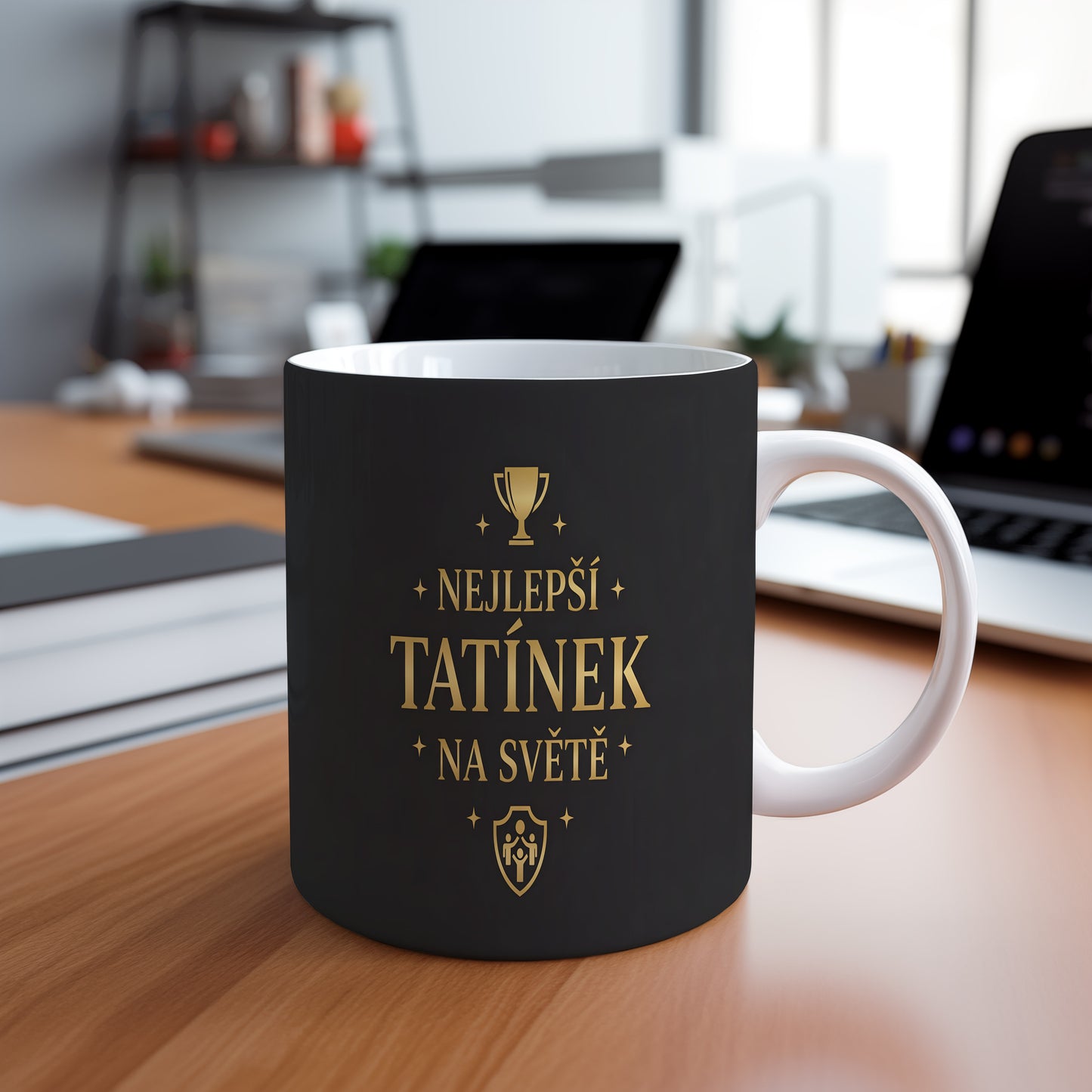 Černý hrnek se zlatým nápisem 'NEJLEPŠÍ TATÍNEK NA SVĚTĚ' a trofejí.