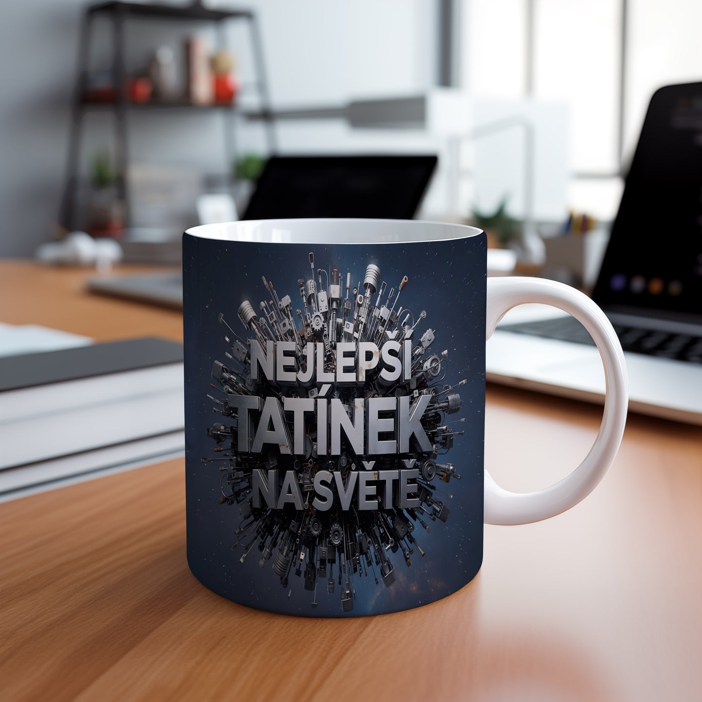 Hrnek s nápisem NEJLEPŠÍ TATÍNEK NA SVĚTĚ a technickými motivy.