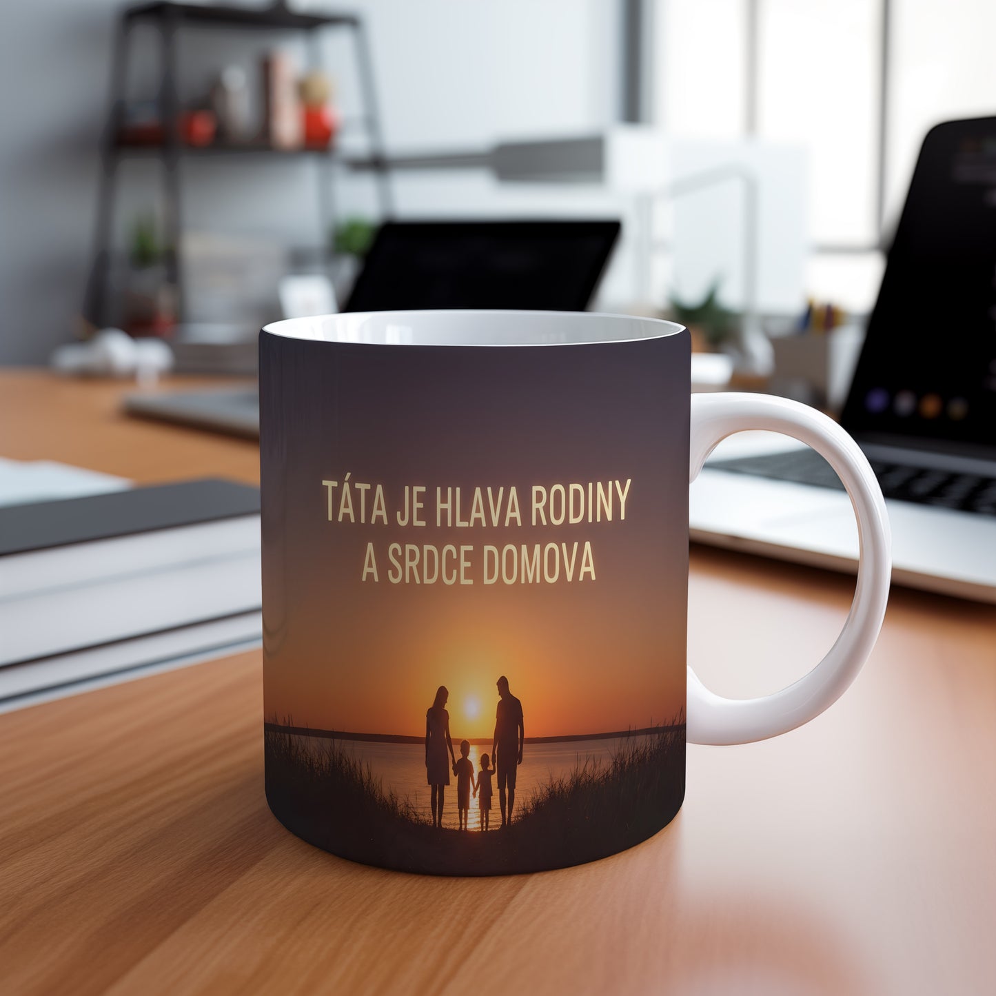 Hrnek s nápisem a siluetou rodiny při západu slunce.