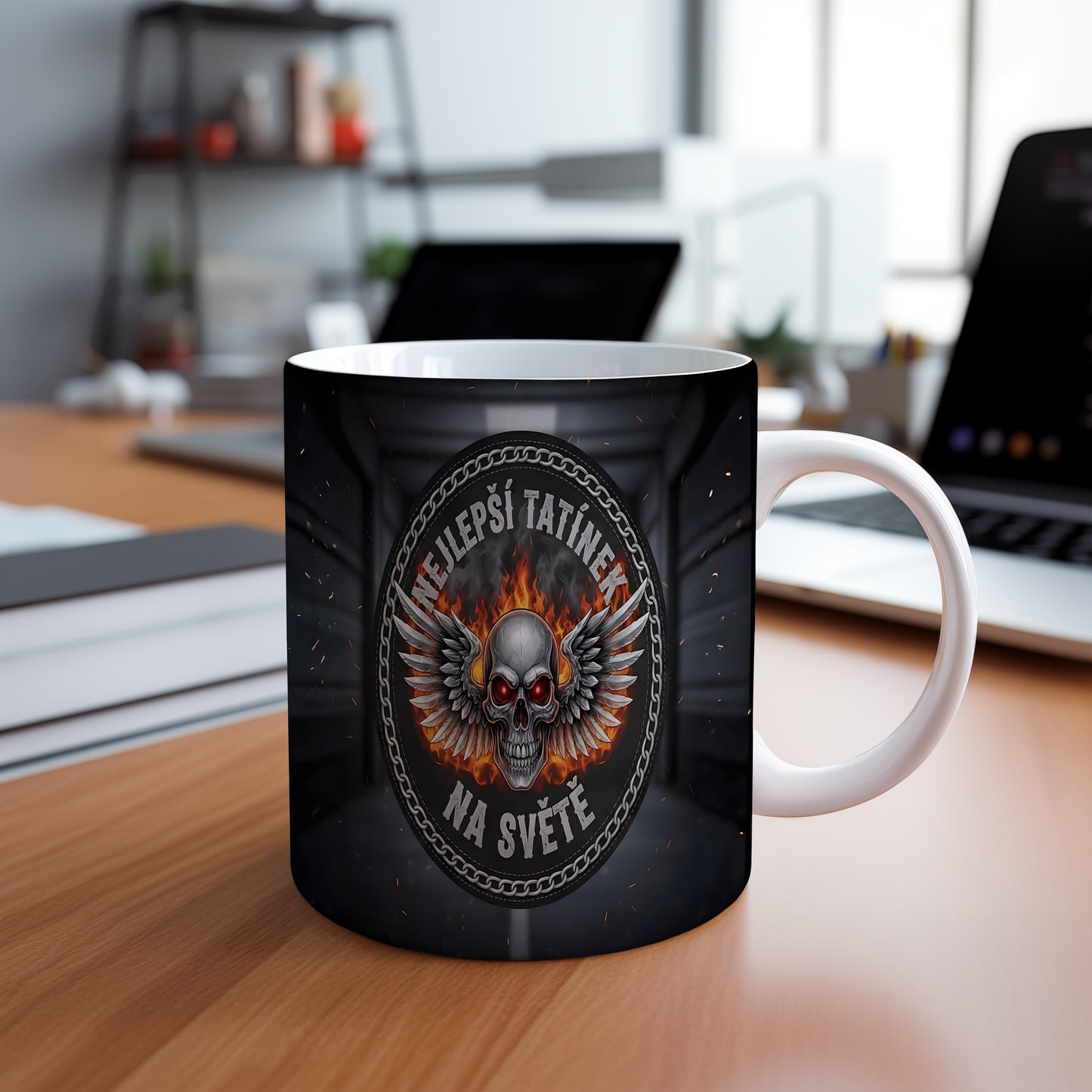 Hrnek s motivem lebky, křídel a plamenů.