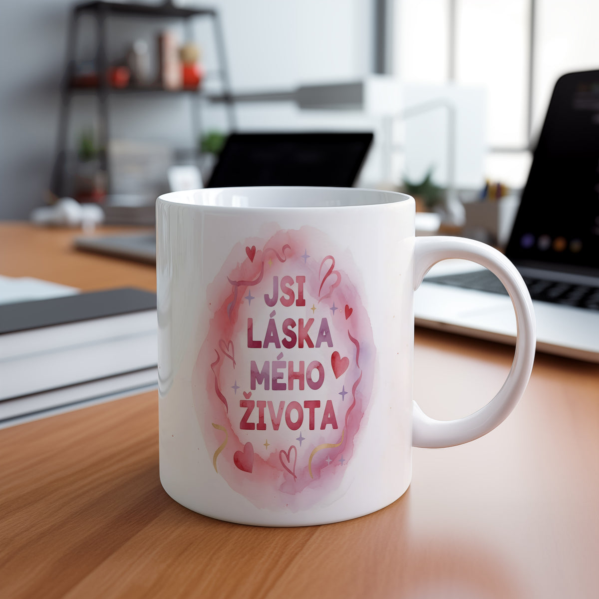 Bílý hrnek s růžovým akvarelovým motivem a nápisem JSI LÁSKA MÉHO ŽIVOTA.
