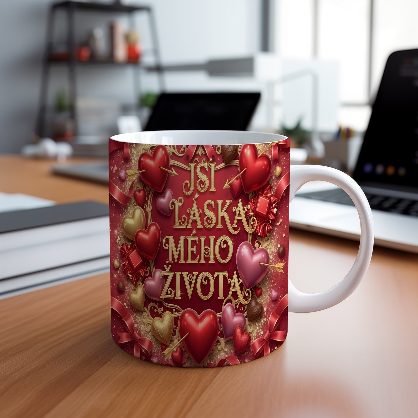 Romantický hrnek s červenými a zlatými srdci a nápisem JSI LÁSKA MÉHO ŽIVOTA.