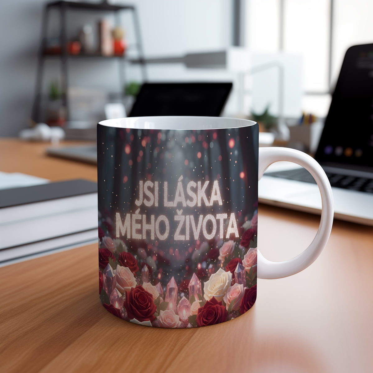 Romantický hrnek s růžemi a krystaly s nápisem JSI LÁSKA MÉHO ŽIVOTA.