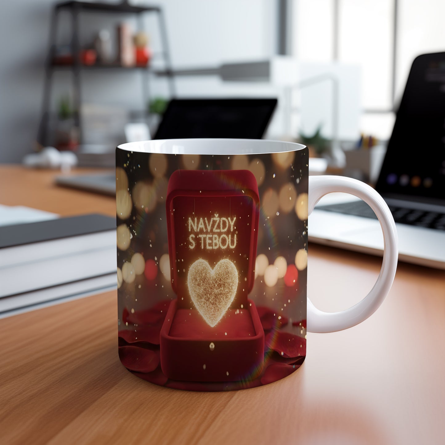 Romantický hrnek s nápisem NAVŽDY S TEBOU a světelným srdcem.