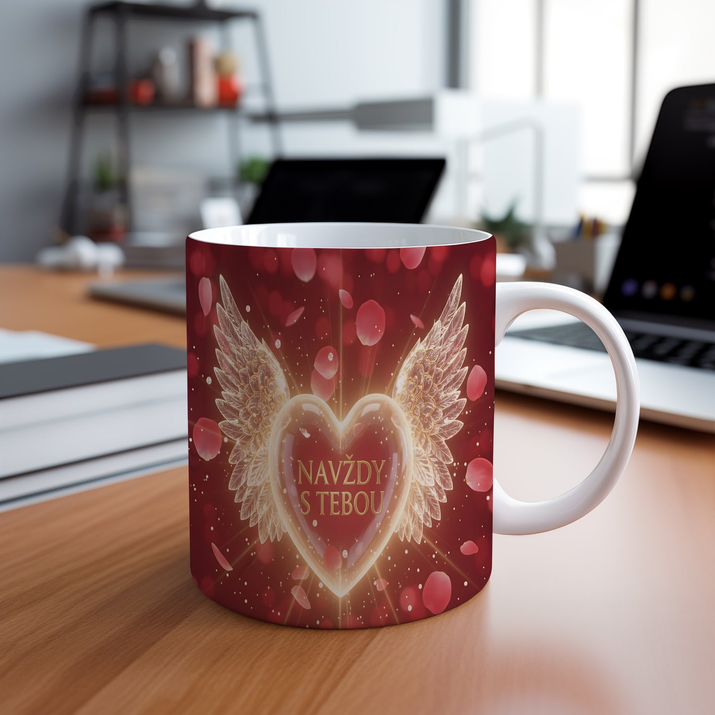 Červený hrnek s motivem srdce a křídel.