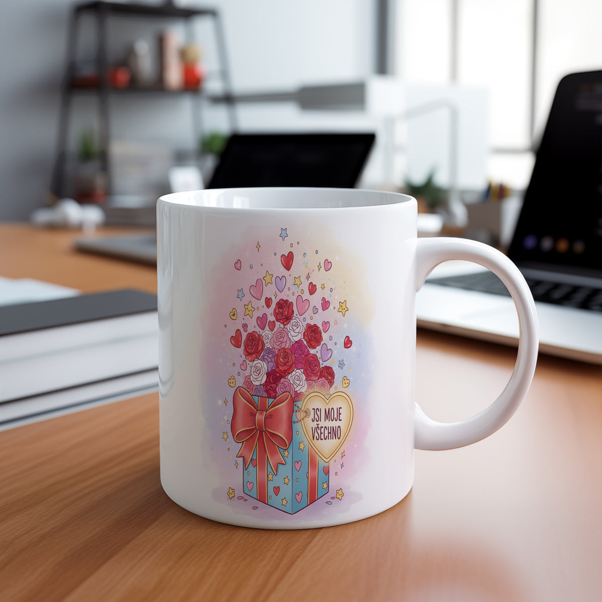 Romantický hrnek s motivem srdcí, růží a nápisem JSI MOJE VŠECHNO.
