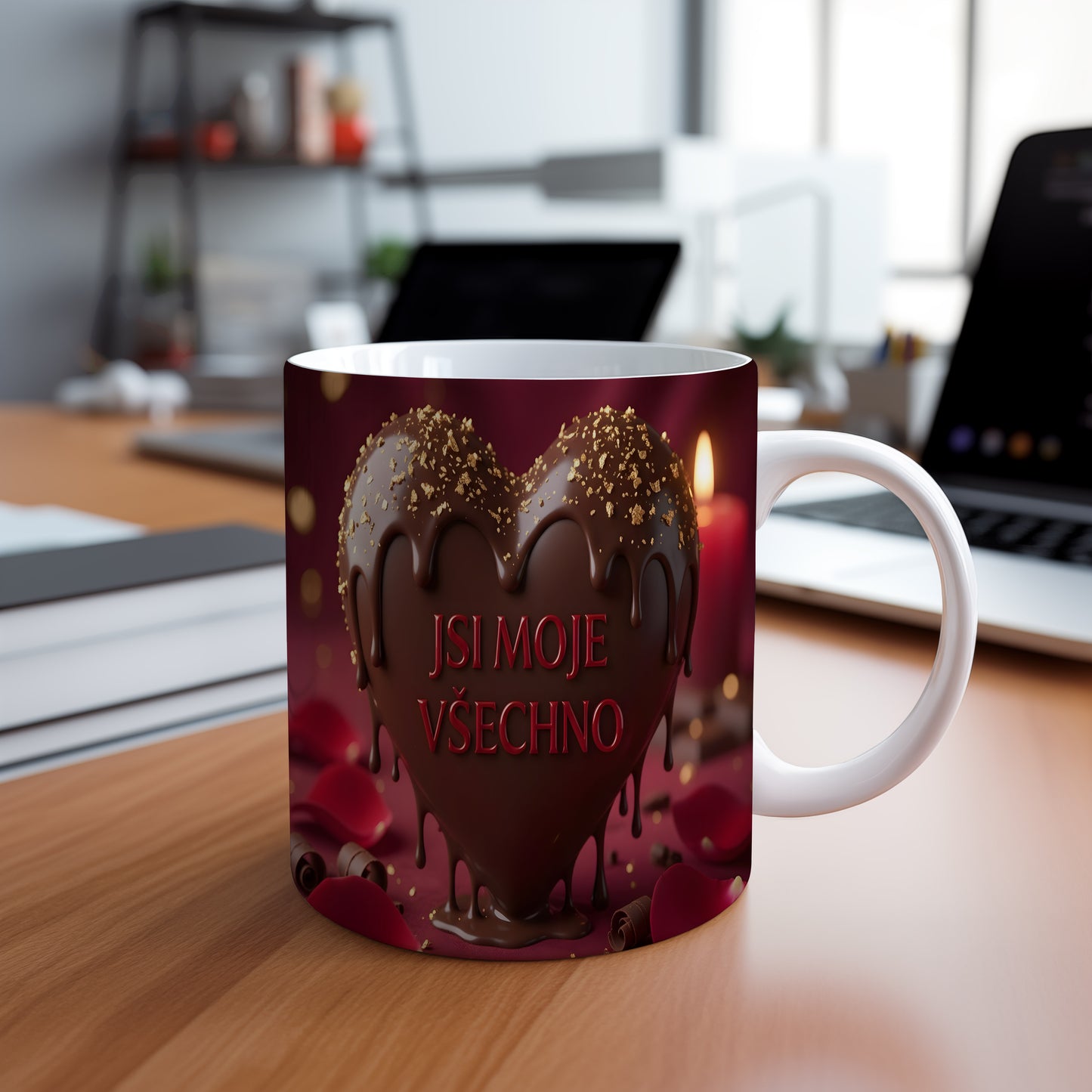 Hnědé srdce s čokoládovými kapkami a zlatými třpytkami na červeném pozadí.