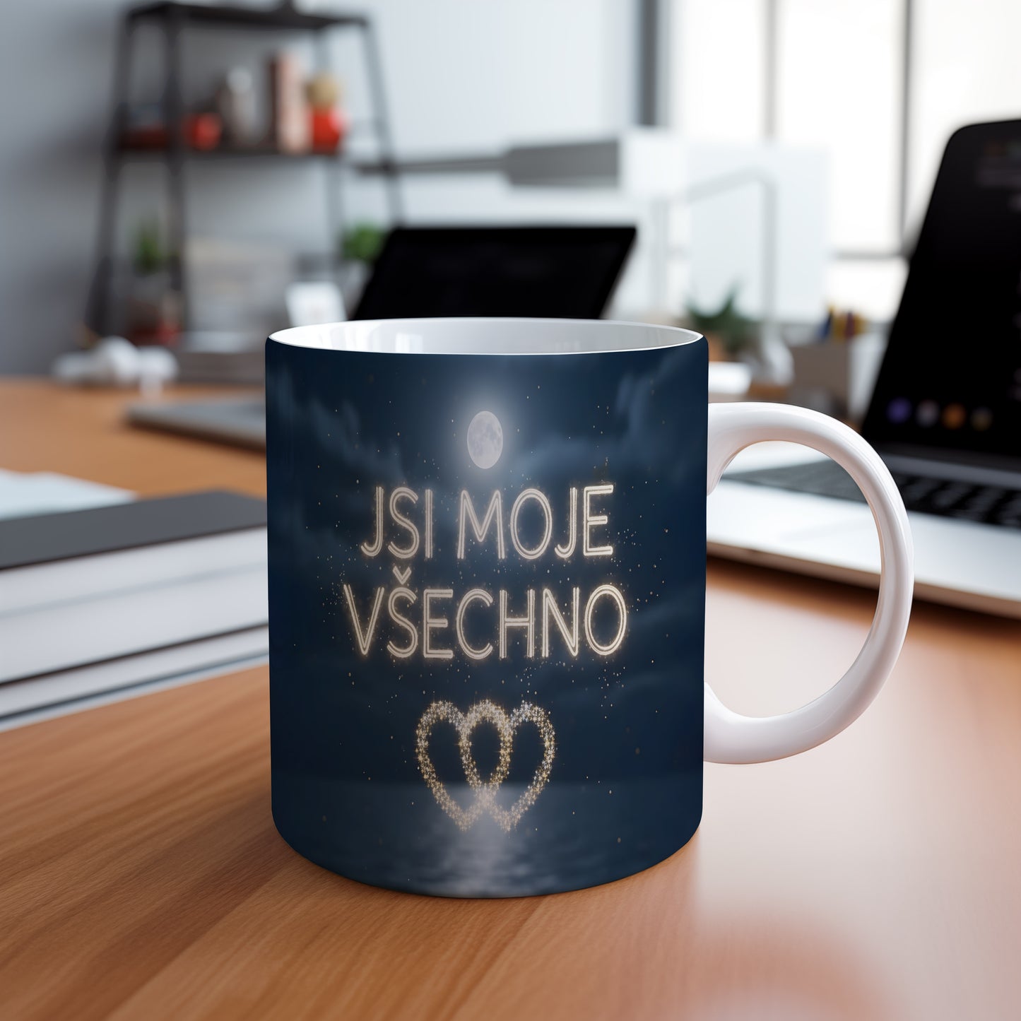 Hrnček s nápisem JSI MOJE VŠECHNO a zlatým srdcem na tmavě modrém pozadí.