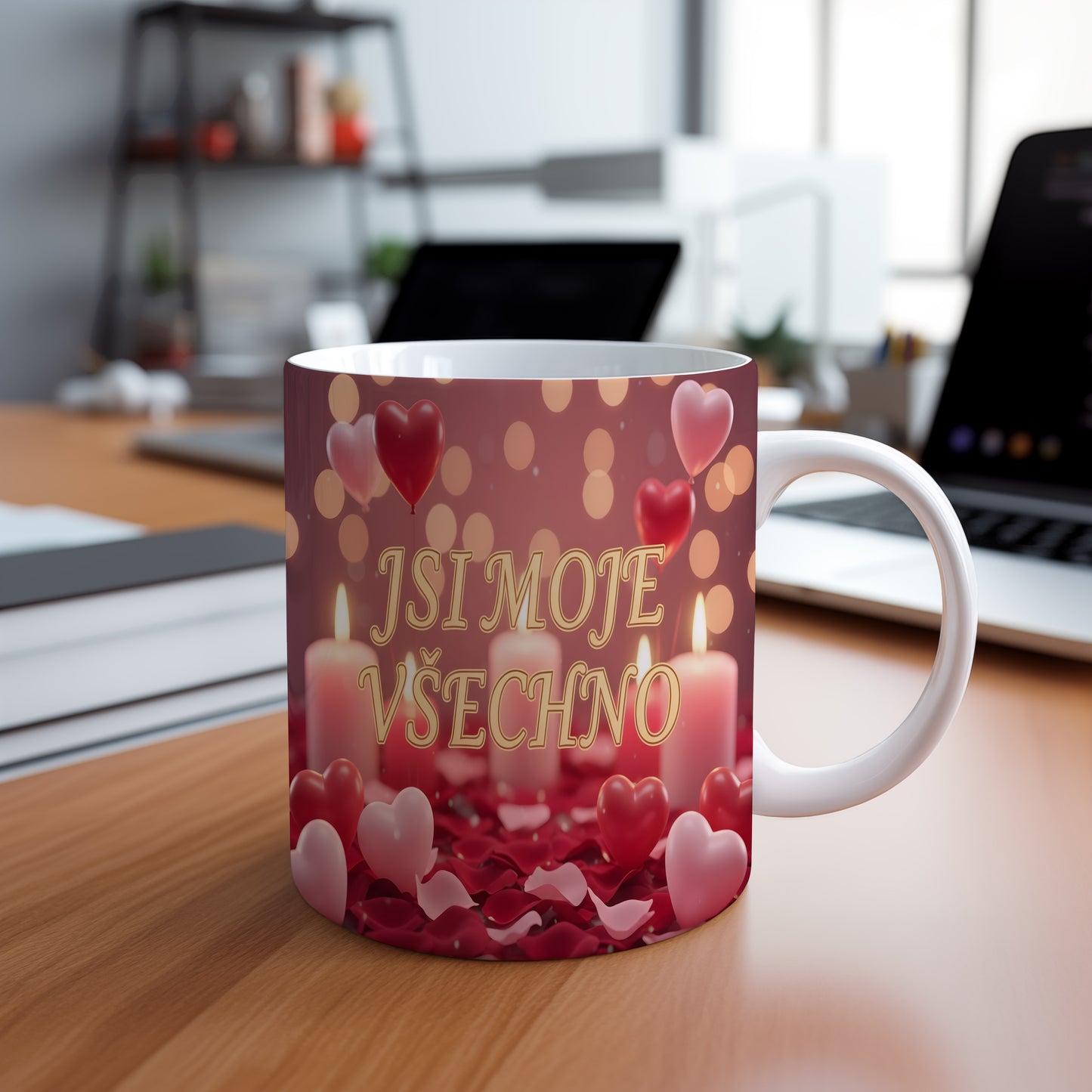 Romantický hrnek s nápisem JSI MOJE VŠECHNO, srdci a svíčkami.