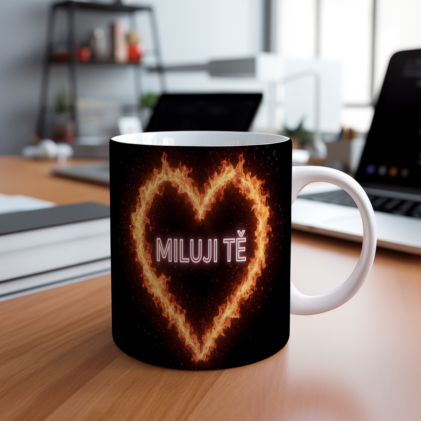 Hrnek s ohnivým srdcem a textem MILUJI TĚ na černém pozadí.