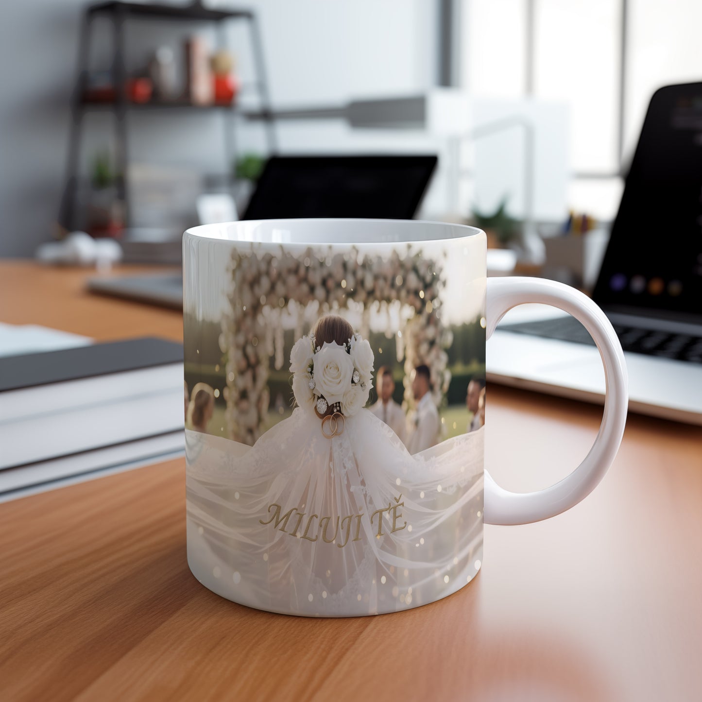 Romantický hrnek s květinami a prstýnky ve svatebním stylu.