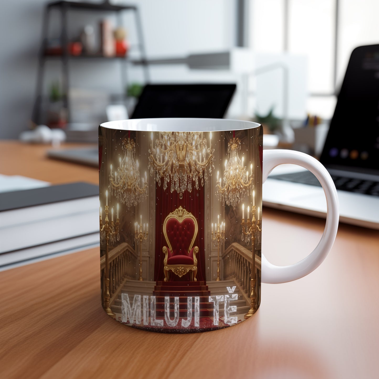 Luxusní hrnek s nápisem MILUJI TĚ a královským trůnem.