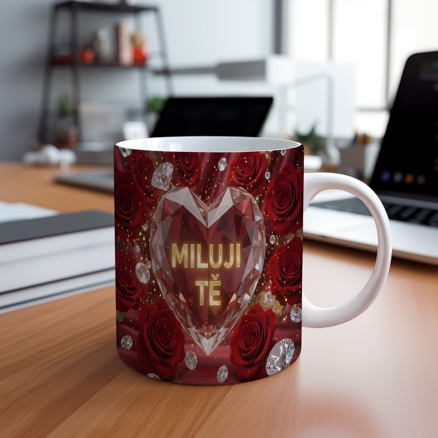 Červený hrnek s motivem srdce, růží a diamantů.