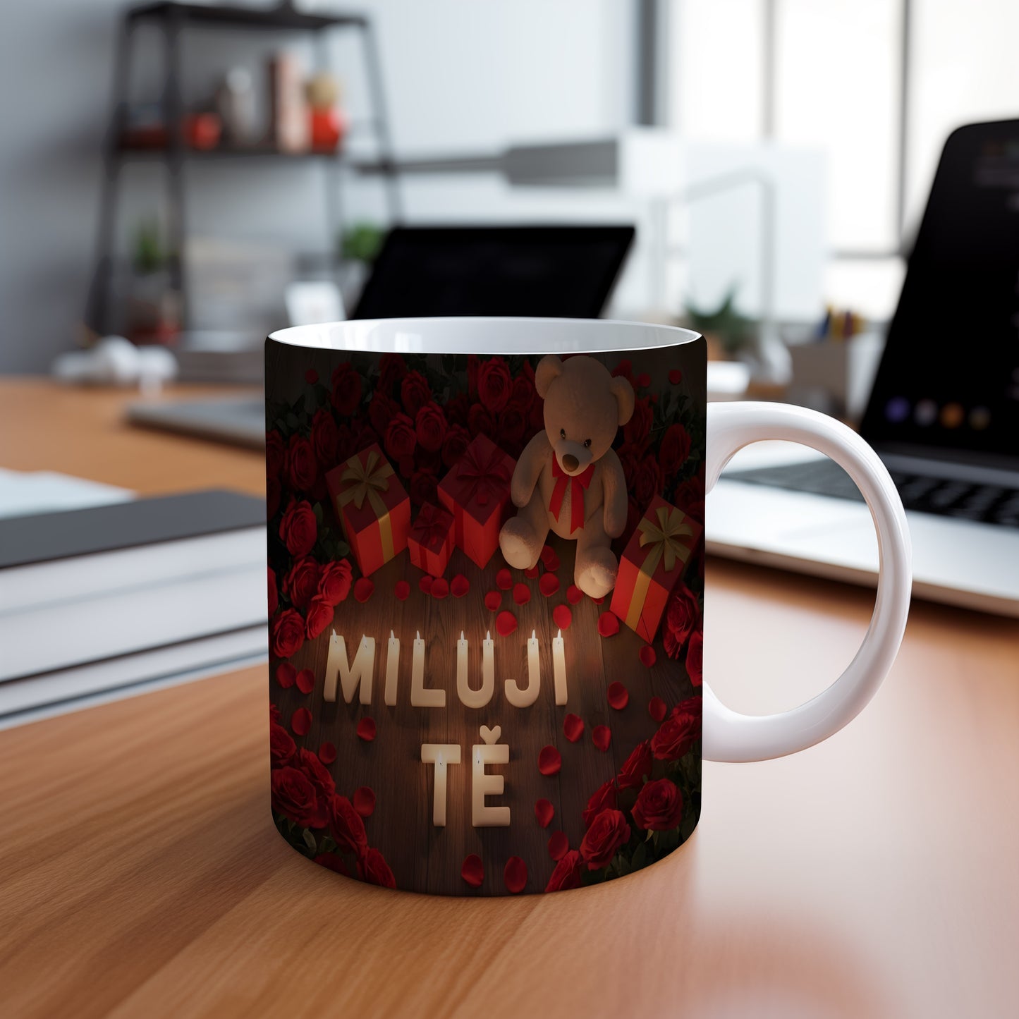 Romantický hrnek s medvídkem, růžemi a nápisem MILUJI TĚ.