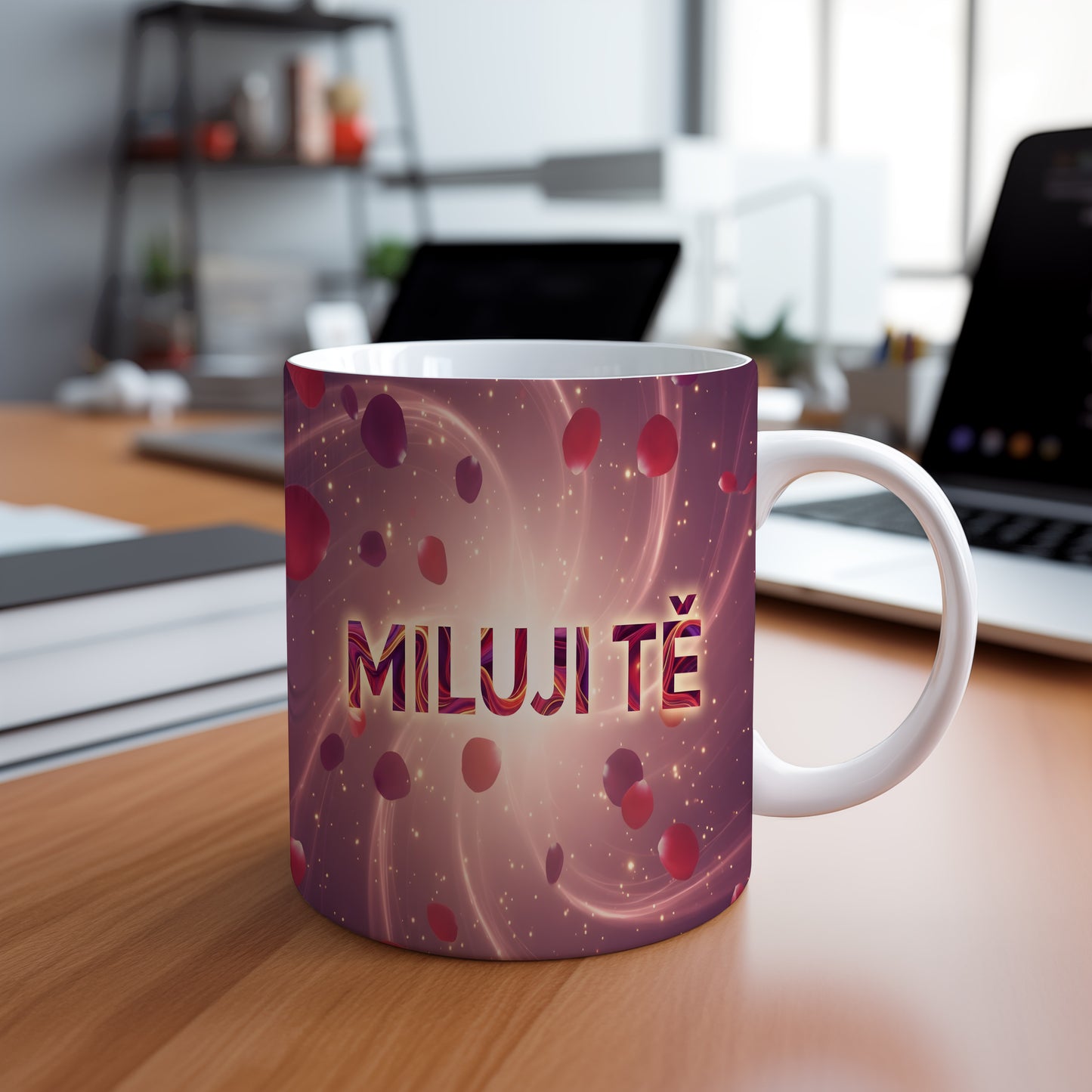 Romantický hrnek s nápisem MILUJI TĚ a srdíčky.