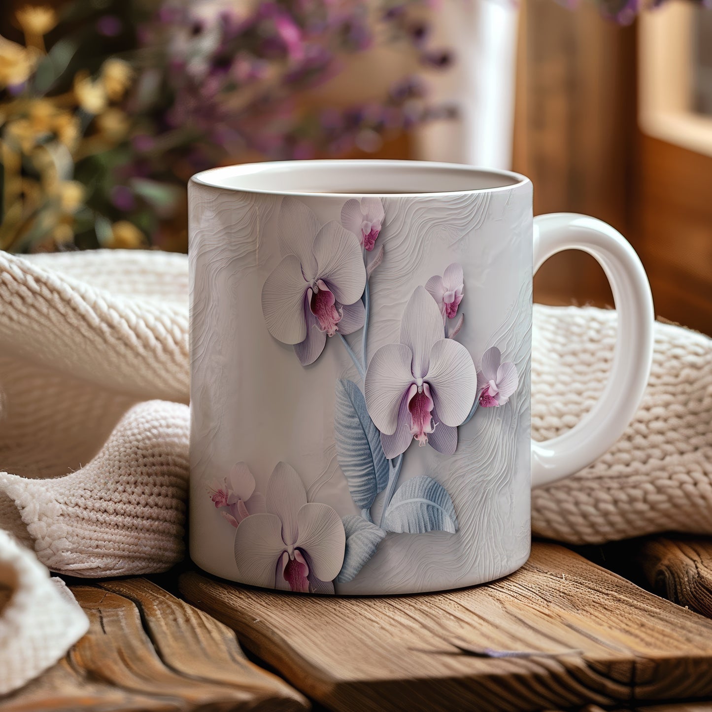 Hrnek s motivem orchidejí – malířským vzhledem
