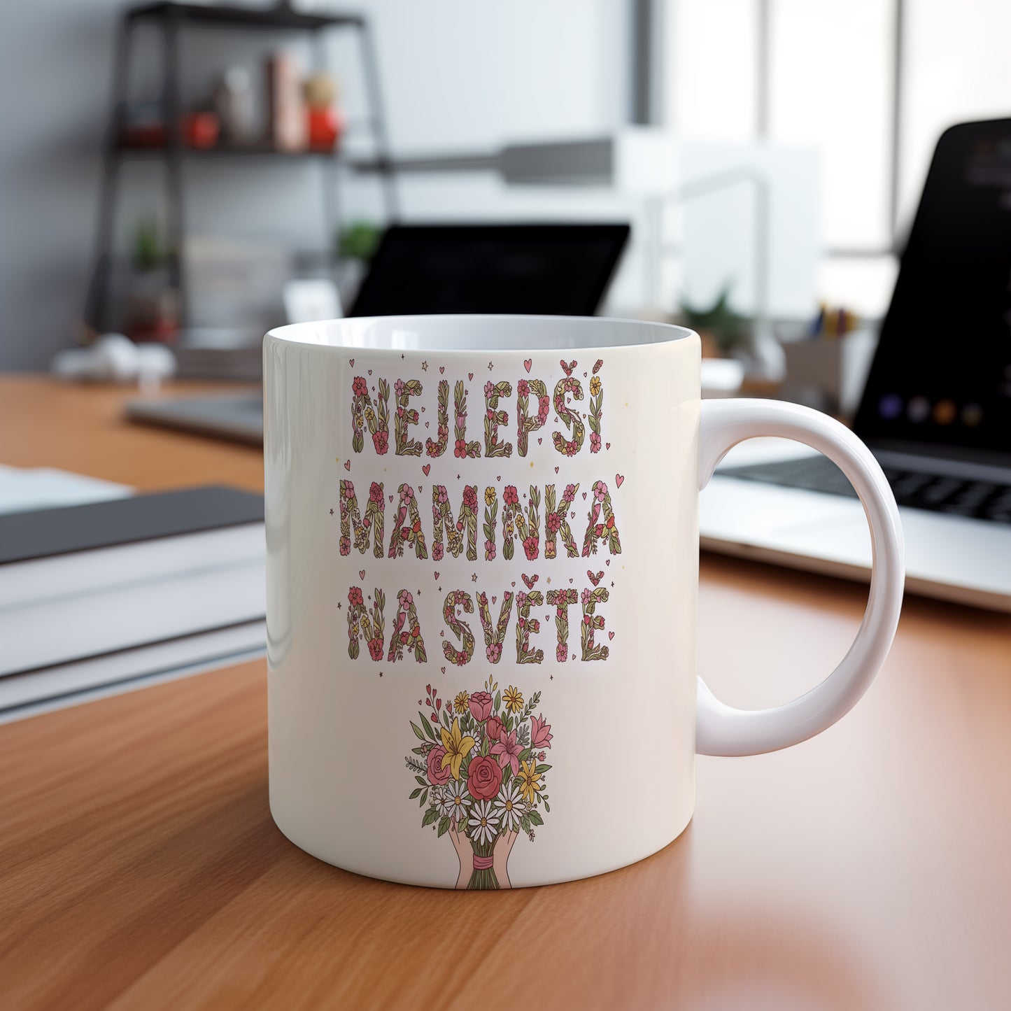 Hrnek NEJLEPŠÍ MAMINKA NA SVĚTĚ – květinová harmonie na pastelovém pozadí – varianta 88